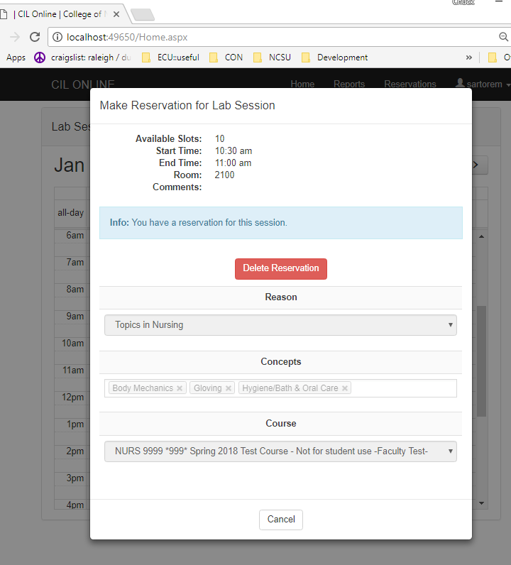 CIL Online delete reservation screenshot