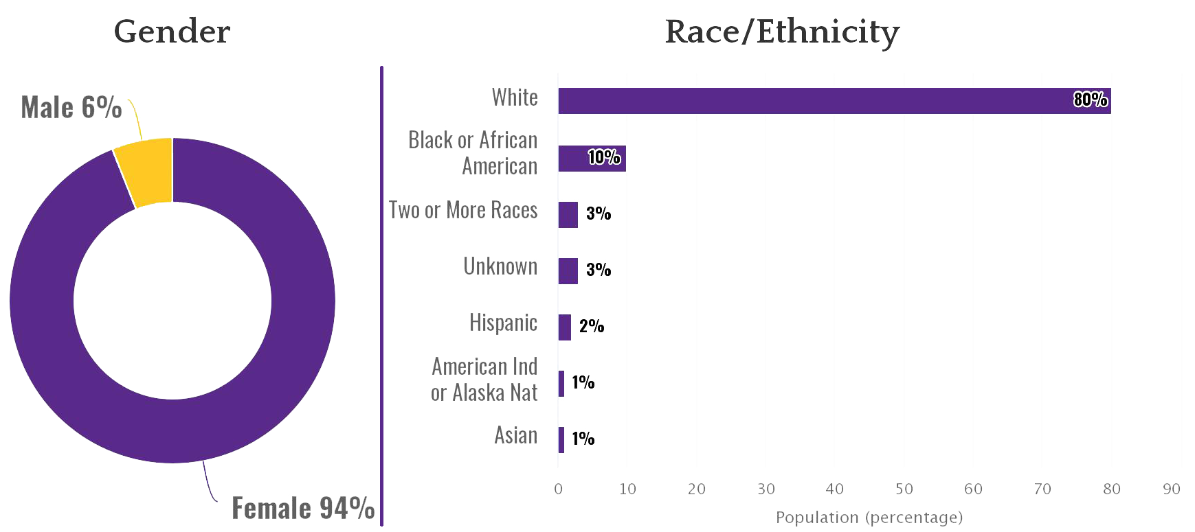 The ECU College of Nursing faculty diversity report section shows that the majority of faculty are female and white, with the next most represented race or ethnicity being Black or African American, followed by unknown. A pie chart illustrates that 94 percent of faculty are female and 6 percent are male. It then shows a bar graph illustrating that 80 percent are white, 10 percent are Black or African American, 3 percent are unknown, 3 percent are two or more races, 1 percent are Hispanic, 1 percent are Asian, and 1 percent are American Indian or Alaska Native.