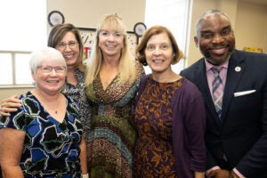 Dean Bim and Dr. Linda Bolin pose with the Dr. Annette Peery, Becky Jordan and Dr. Robin Webb Corbett Varnell during their retirement celebration.