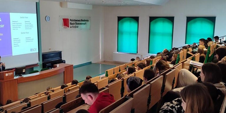 Dr. Kim Larson lectures to Polish nursing students during her Fulbright-sponsored research experience in Poland in December 2023.